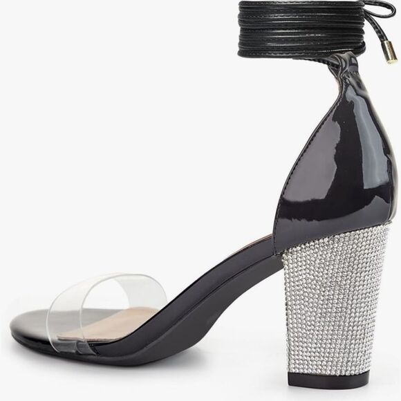 Lala Akai Black Lace Up Ankle Open Toe Rhinestone Block Heel Women's Size 8 / 39 - Picture 3 of 6